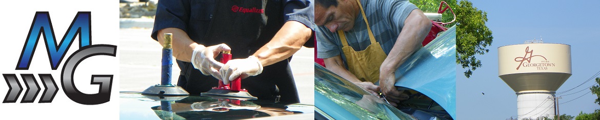 Showing MG logo, two pictures of Mobile Windshield Replacement Georgetown jobs & the Georgetown water tower